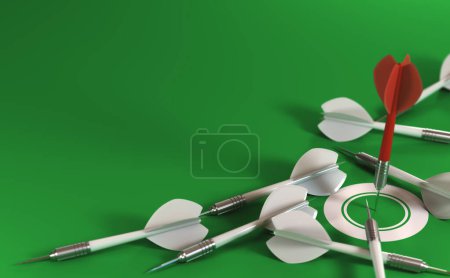 Photo for 3d render of many darts over a green background. The red dart hits the center of a target and the others failed. Concept of best or optimal strategy. - Royalty Free Image