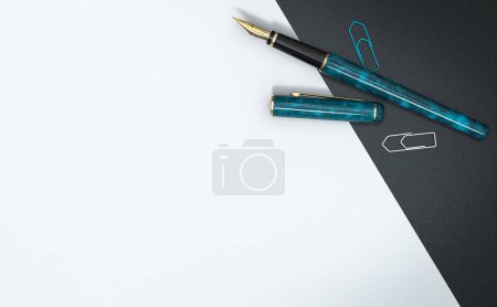 Photo for Top view of a fountain pen over paper background with copy space. Public letter writer concept. 3d illustration. - Royalty Free Image
