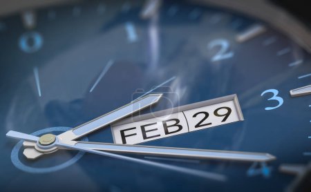 Horloge avec le 29 février écrit dessus. Concept d'année bissextile. Illustration 3d.