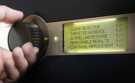 Hand turning a knob to validate a marketing campaign Check list. Composite between a hand image and a 3D background