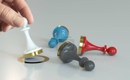 Hand holding a pawn for beating competition. Composite between a hand image and a 3D background