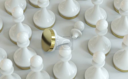 Foto de Ilustración 3D de un peón de ajedrez roto en medio de otros intactos. - Imagen libre de derechos