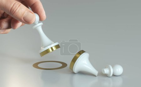 Photo for Hand holding a pawn for beating competition. Concept of competitive strategy in business. Composite between a hand image and a 3D background - Royalty Free Image
