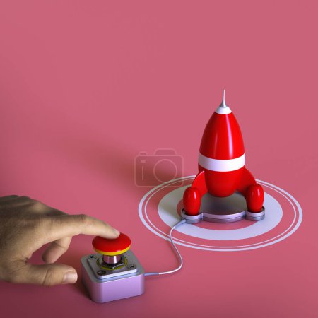 Photo for Hand pressing a launch button to launch a rocket. Concept of acceleration or boosting career. - Royalty Free Image