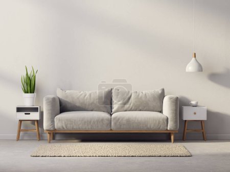 Téléchargez les photos : Salon moderne avec canapé. Illustration 3D. Intérieur scandinave - en image libre de droit
