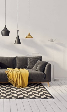 modernes Wohnzimmer mit schwarzem Sofa. 3D-Illustration. Skandinavisches Interieur