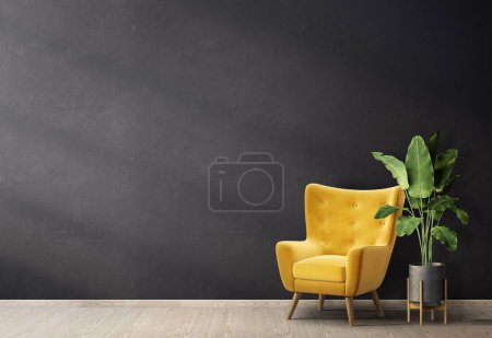 Photo for Room with black wall and yellow armchair. 3d illustration - Royalty Free Image