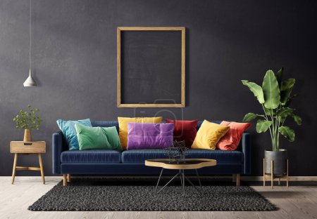 Photo for Modern living room with blue sofa. 3d illustration - Royalty Free Image