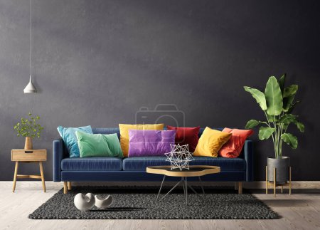 Photo for Modern living room with sofa and colored pillows. 3d illustration - Royalty Free Image