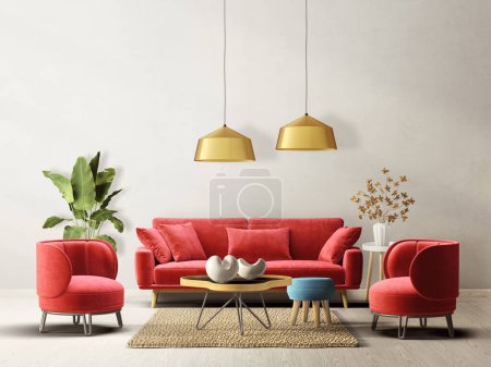 Photo for Modern living room with red sofa and armchairs. 3d illustration - Royalty Free Image