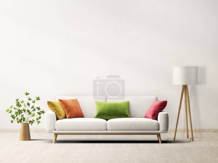 Photo for Modern living room with white sofa and colored pillows. 3d illustration - Royalty Free Image