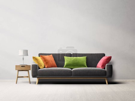 Photo for Modern living room with black sofa and colored pillows. 3d illustration - Royalty Free Image