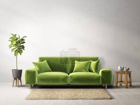 Photo for Modern living room with green sofa. 3d illustration - Royalty Free Image