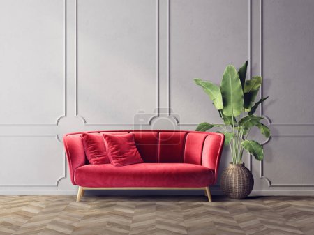 Téléchargez les photos : Salon moderne avec canapé rouge. Illustration 3d - en image libre de droit