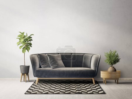 Photo for Modern living room with black  sofa. 3d illustration - Royalty Free Image