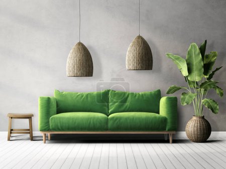 Photo for Modern living room with green sofa. 3d illustration - Royalty Free Image