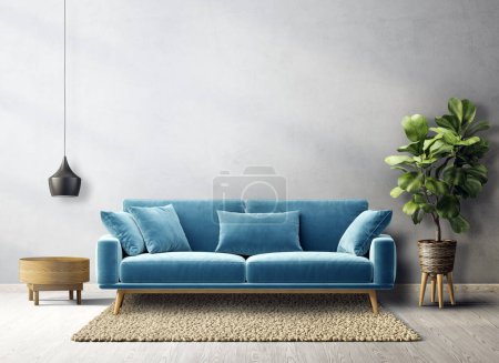 Photo for Modern living room with blue sofa. 3d illustration - Royalty Free Image