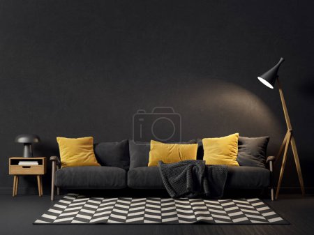 Téléchargez les photos : Salon moderne avec canapé noir. Illustration 3d - en image libre de droit