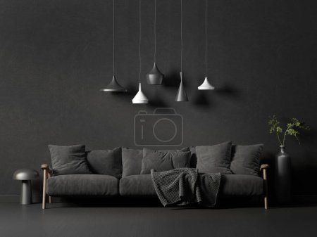 modernes Wohnzimmer mit schwarzem Sofa. 3D-Illustration