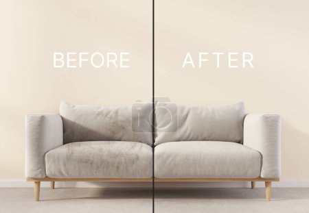 Photo for Dirty and clean sofa before and after dry. 3d illustration - Royalty Free Image