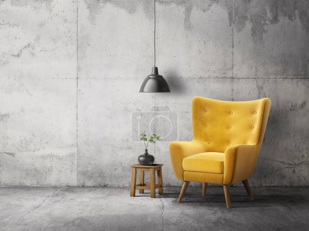 Photo for Concrete room with yellow armchair. 3d illustration - Royalty Free Image
