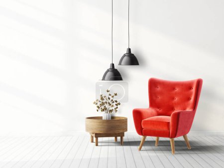 Photo for Red armchair and black lamp isolated on a white. 3d illustration - Royalty Free Image