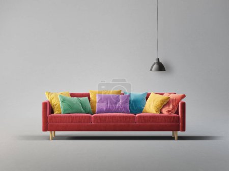 Foto de Sofá rojo sobre fondo gris con almohadas de colores - Imagen libre de derechos