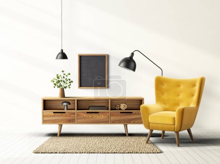 Photo for White living room with yellow armchair and wooden commode. 3d illustration - Royalty Free Image