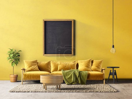Téléchargez les photos : Salon moderne avec canapé jaune. Illustration 3d - en image libre de droit