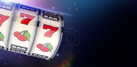Illustrated Casino Slot Machine Banner with Dark Blue Background. Free Copy Space on the Right. Lucky Seven, Cherry and Bar Symbols. Winning Round. Gambling Industry Theme.