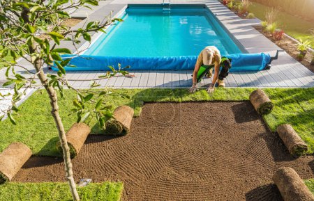Photo for Professional Gardener Installing Roll Out Instant Lawn of Natural Grass Turfs Next to Outdoor Swimming Pool in the Backyard Garden. Landscaping Theme. - Royalty Free Image