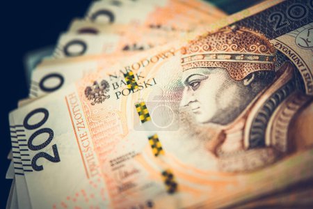Téléchargez les photos : Closeup of Polish Zloty Two Hundreds Banknotes. Currencies of Different Countries Theme. Finances and Economics Industry. - en image libre de droit
