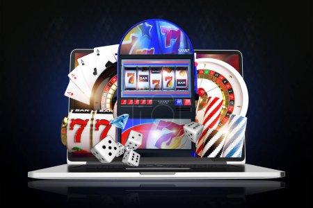 Roulette, Poker and Slot Machines. Online Casino Games Concept 3D Illustration. Internet Based Online Gambling.