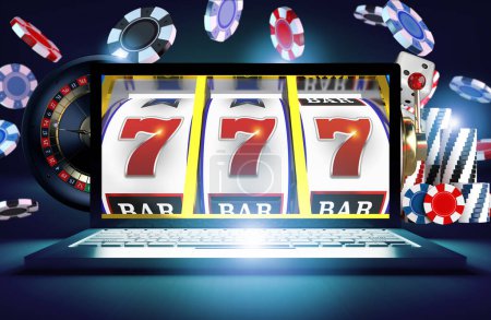 Online Casino Games Laptop Concept with Slot Machine Reels on the Screen, Casino Chips, Roulette Wheel and Craps Dices. 3D Illustration.