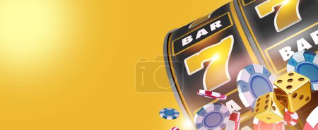 Yellow Online Casino Games Banner 3D Rendered Illustration. Slot Machine Reel, Casino Tokens and Golden Dices.