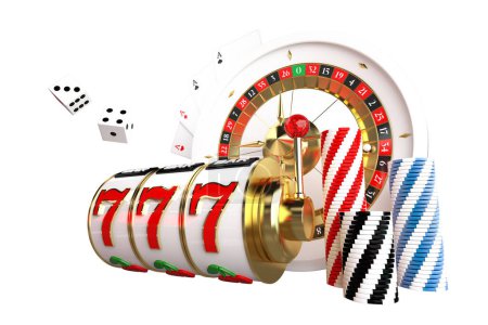 Téléchargez les photos : 3D Rendered Casino Games Objects. Slot Machine Reels, Roulette, Dices, Poker Cards and Chips Illustration. - en image libre de droit