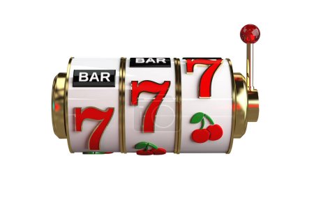 Foto de Vegas Games Slot Machine Reels with Lever 3D Render Illustration. Gambling Industry. - Imagen libre de derechos