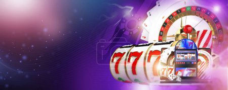 Photo for Casino Gambling Concept Banner Background with Left Side Copy Space. Casino Games Like Roulette, Slot Machine and Craps. 3D Render Illustration. - Royalty Free Image