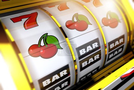 Foto de Spinning Golden Casino Slot Machine Reel Concept 3D Rendered Illustration. Gambling Theme. - Imagen libre de derechos