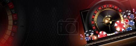 Téléchargez les photos : Online Casino Roulette Games Concept 3D Rendered Illustration Banner with Classic Roulette Wheel and Casino Tokens Chips. Dark Black Background - en image libre de droit
