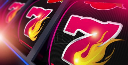 Foto de Pink Lucky Triple Seven Slot Machine 3D Illustration. Hot Online Casino Game Concept. - Imagen libre de derechos