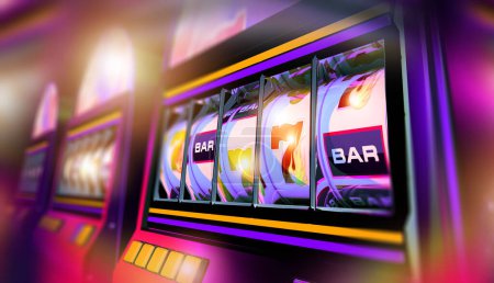Foto de Las Vegas Slot Machines Casino Games Conceptual 3D Illustration. Three One Haded Bandits. - Imagen libre de derechos