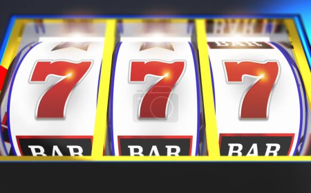 Triple Seven Casino Slot Machine 3D Illustration. Online Gambling Conceptual Graphic.