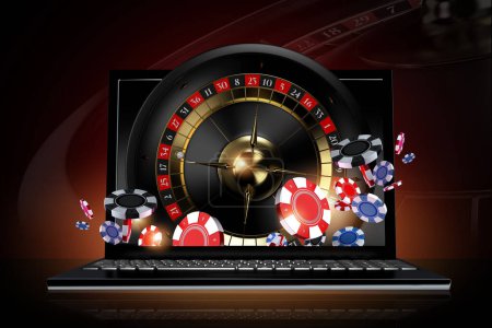 Téléchargez les photos : Online Roulette Games Conceptual 3D Illustration with Laptop Computer, Roulette Wheel and Casino Tokens. - en image libre de droit