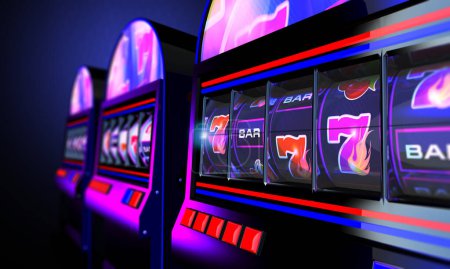 Téléchargez les photos : Vegas Casino Slot Machines Spin Close Up. 3D Rendered Illustration. - en image libre de droit
