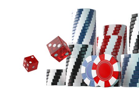 Foto de 3D Casino Gambling Dices and Tokens. Game Chips 3D Rendered Illustration. - Imagen libre de derechos