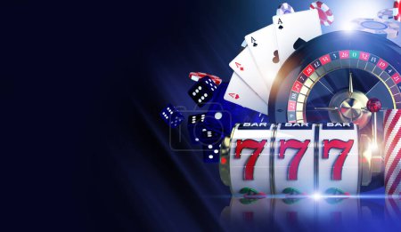 Photo for 3D Online Casino Gaming Concept Illustration with Games Like Roulette, Slot Machines and Poker Cards. - Royalty Free Image