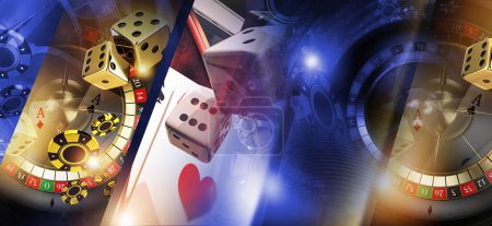 Foto de Sliced Las Vegas Casino Collage Concept. Games Like One Handed Bandits Slot Machines, Roulette Wheel and Craps. 3D Rendered Illustration. - Imagen libre de derechos
