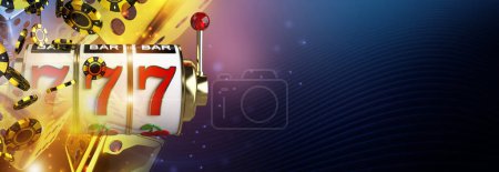 Photo for Right Side Copy Space Casino Gambling Blue Banner with Slot Machine Reel, Tokens and Dices. 3D Rendered Illustration. - Royalty Free Image