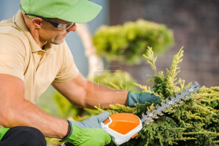 Foto de Gardening and Landscaping Theme. Caucasian Gardener in His 40s Trimming Decorative Tree Branches Using Professional Cordless Grass Shears - Imagen libre de derechos